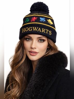 Harry Potter Hogwarts Pom Pom Beanie Knit Hat Black Gold Unisex